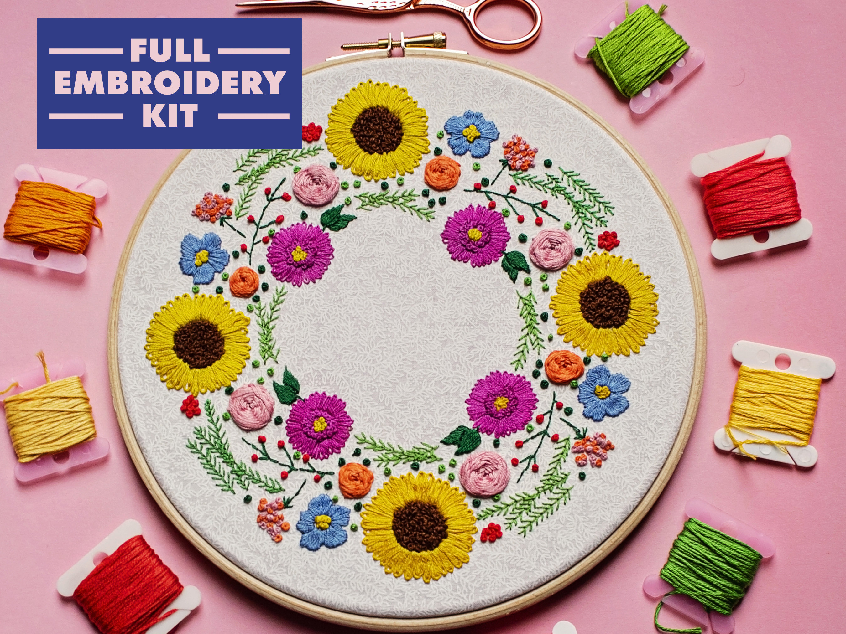 Hand Embroidery Kit, Floral Embroidery for Beginners, Wreath Embroidery  Kit, Flowers Embroidery Set, Sunflower Embroidery, DIY Craft Kit 