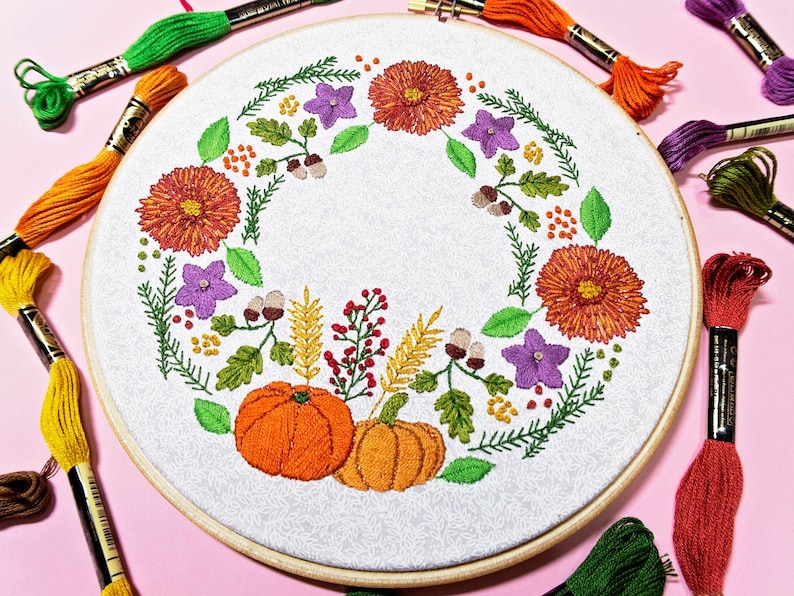 Autumn Embroidery Kit, Floral Embroidery, Wreath Embroidery, Flowers Embroidery Set, Pumpkin Embroidery, Intermediate Embroidery, Craft Kit image 2