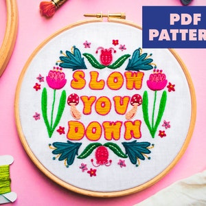 Folk Art Embroidery Pattern, Slow Down Norfolk Inspired PDF, Mindful Embroidery Pattern For Beginner, Embroidery Design, Digital Download