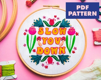 Folk Art Embroidery Pattern, Slow Down Norfolk Inspired PDF, Mindful Embroidery Pattern For Beginner, Embroidery Design, Digital Download