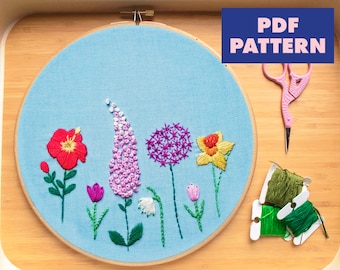 Patrón de bordado floral, diseño de bordado de flores, bordado de primavera, diseño de bordado para principiantes, descarga digital, patrón PDF
