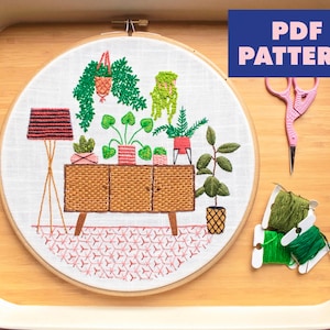 Broderimönster för krukväxter, botaniskt modernt handbroderi, krukväxthantverk, handbroderidesign för suckulenter, modernt hantverk