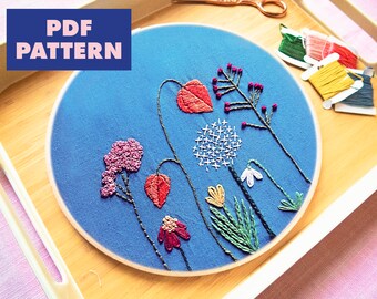 Flowers Embroidery Pattern, Floral Embroidery Design, Botanical Embroidery, Beginner Embroidery Design, Digital Download, PDF Pattern