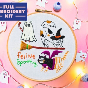 Halloween Cats Beginners Embroidery Kit, Modern Embroidery,  Spooky Embroidery, Spooky Craft Kit, Cute Hand Embroidery Kit With Pattern