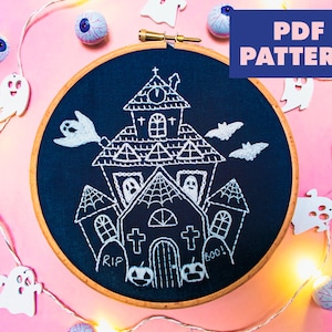 Halloween Haunted House Embroidery Pattern, Spooky Crafts, Ghosts Embroidery PDF Pattern For Beginner, Embroidery Design, Digital Download