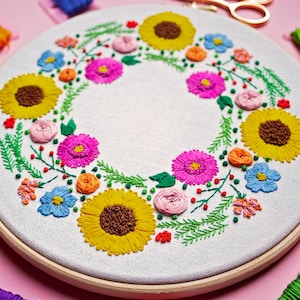 Hand Embroidery Kit, Floral Embroidery For Beginners, Wreath Embroidery Kit, Flowers Embroidery Set, Sunflower Embroidery, DIY Craft Kit image 6