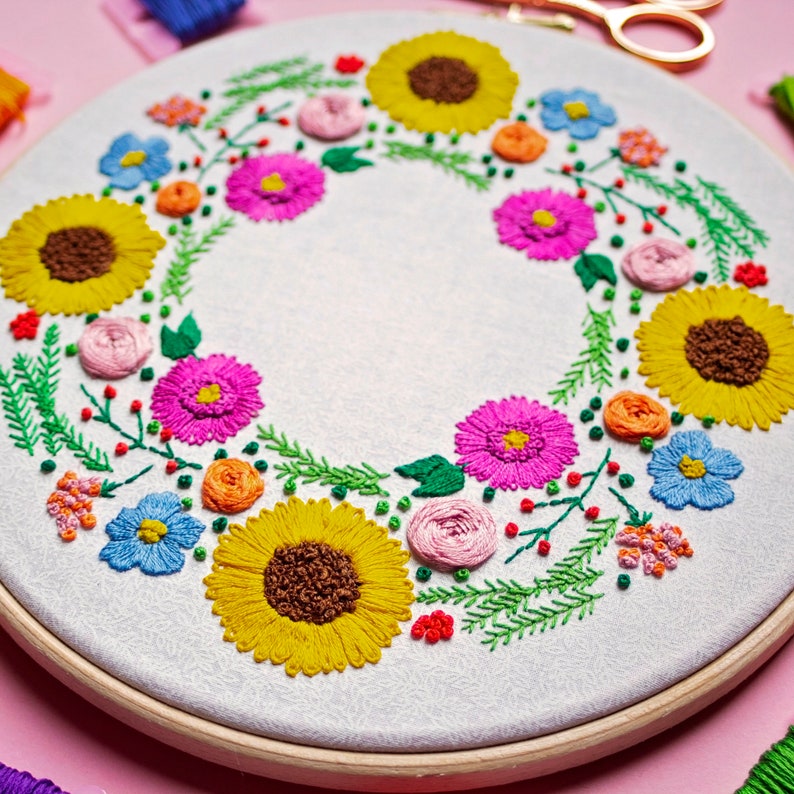Hand Embroidery Kit, Floral Embroidery For Beginners, Wreath Embroidery Kit, Flowers Embroidery Set, Sunflower Embroidery, DIY Craft Kit image 6