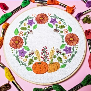 Autumn Embroidery Kit, Floral Embroidery, Wreath Embroidery, Flowers Embroidery Set, Pumpkin Embroidery, Intermediate Embroidery, Craft Kit image 4