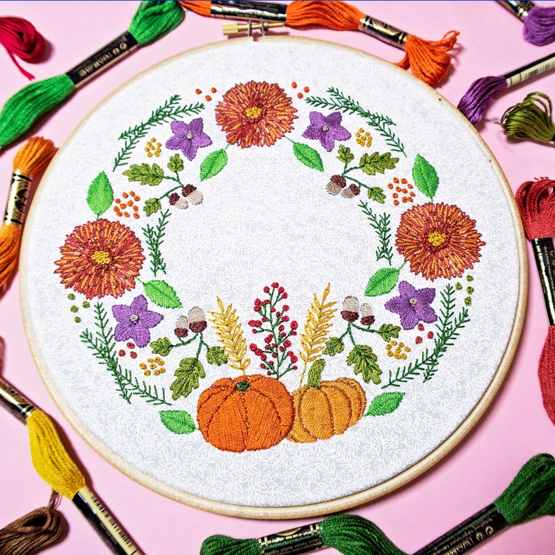 Autumn Embroidery Kit, Floral Embroidery, Wreath Embroidery, Flowers Embroidery Set, Pumpkin Embroidery, Intermediate Embroidery, Craft Kit image 4