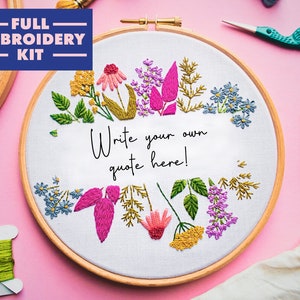Custom Quote Embroidery Kit, Customisable Floral Hand Embroidery For Beginners, Wildflowers Easy Craft Kit, Embroidery Kit With Pattern