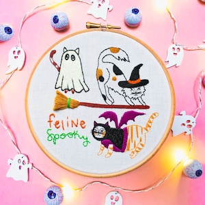 Halloween Cats Beginners Embroidery Fabric Panel, Modern Embroidery,  Spooky Embroidery, Spooky Crafts, Cute Hand Embroidery With Pattern