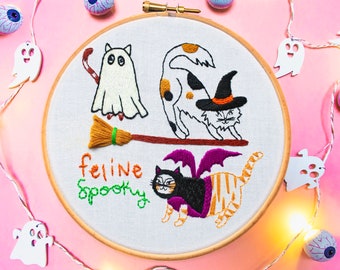 Halloween Cats Beginners Embroidery Fabric Panel, Modern Embroidery,  Spooky Embroidery, Spooky Crafts, Cute Hand Embroidery With Pattern