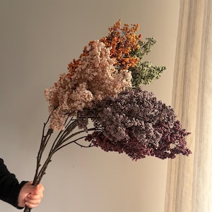 Peut inclure: Un bouquet de fleurs séchées est tenu à la main. Les fleurs sont dans des tons pêche, orange, vert et bordeaux. Les tiges sont marron et le fond est de couleur neutre.