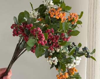23.2" Long Stems Berries Artificial Red Berry Branch Faux Greenery Stem Bouquet Filler Fall Home Decor Fake White Berry Branches BB02