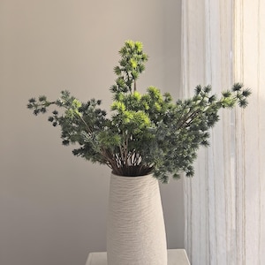 Puede incluir: Un jarrón blanco texturizado contiene ramas de hoja perenne artificiales. Las ramas muestran una mezcla de agujas verdes y verde oscuro, creando un acento decorativo natural. El jarrón es de color crema claro. El jarrón mide unos 30 cm de alto.
