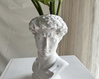 Può includere: Un vaso a busto bianco opaco a forma di testa maschile classica con capelli ricci. La parte superiore cava della testa funge da contenitore per diversi fiori di calla bianchi a stelo lungo, con steli e foglie verdi che si estendono verso l'alto.