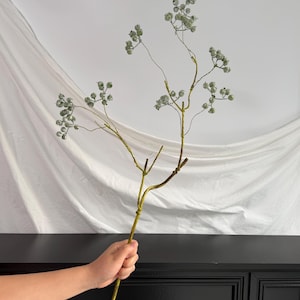 May include: A decorative artificial branch featuring thin, light green stems and clusters of small, round, pale green berries. The branch has a textured, woody appearance and branches out into multiple smaller stems, each tipped with a cluster of berries.