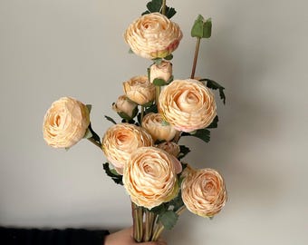 May include: A bouquet of peach-colored ranunculus flowers with green leaves and stems. The flowers are tightly clustered, with multiple blooms in various stages of opening. The bouquet is held in a hand against a neutral background.