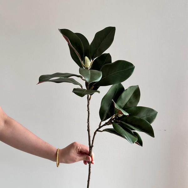 Künstliche Magnolienblätter, künstliche Magnolienzweige, realistisch wirkende Magnolienblattstiele, künstliche Pflanzen, Magnolienkranz, Grüngirlande ML01