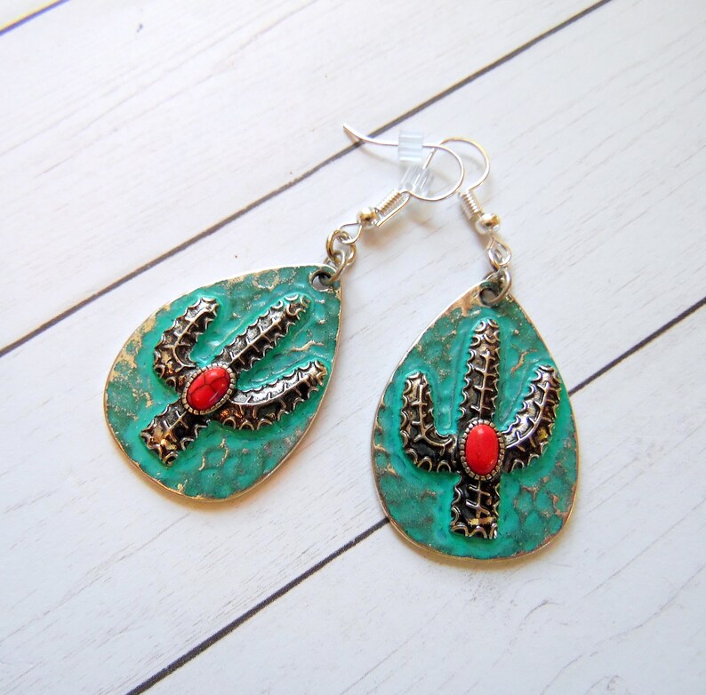 Boho Earrings Cactus Teardrop Earrings Southwestern Jewelry