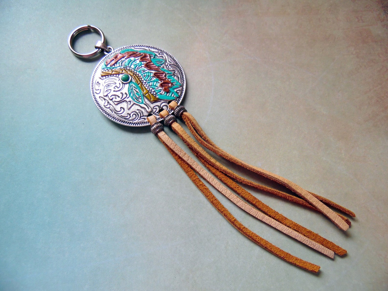Handpainted Indian Head Keychain Leather Tassel Purse Charm Etsy