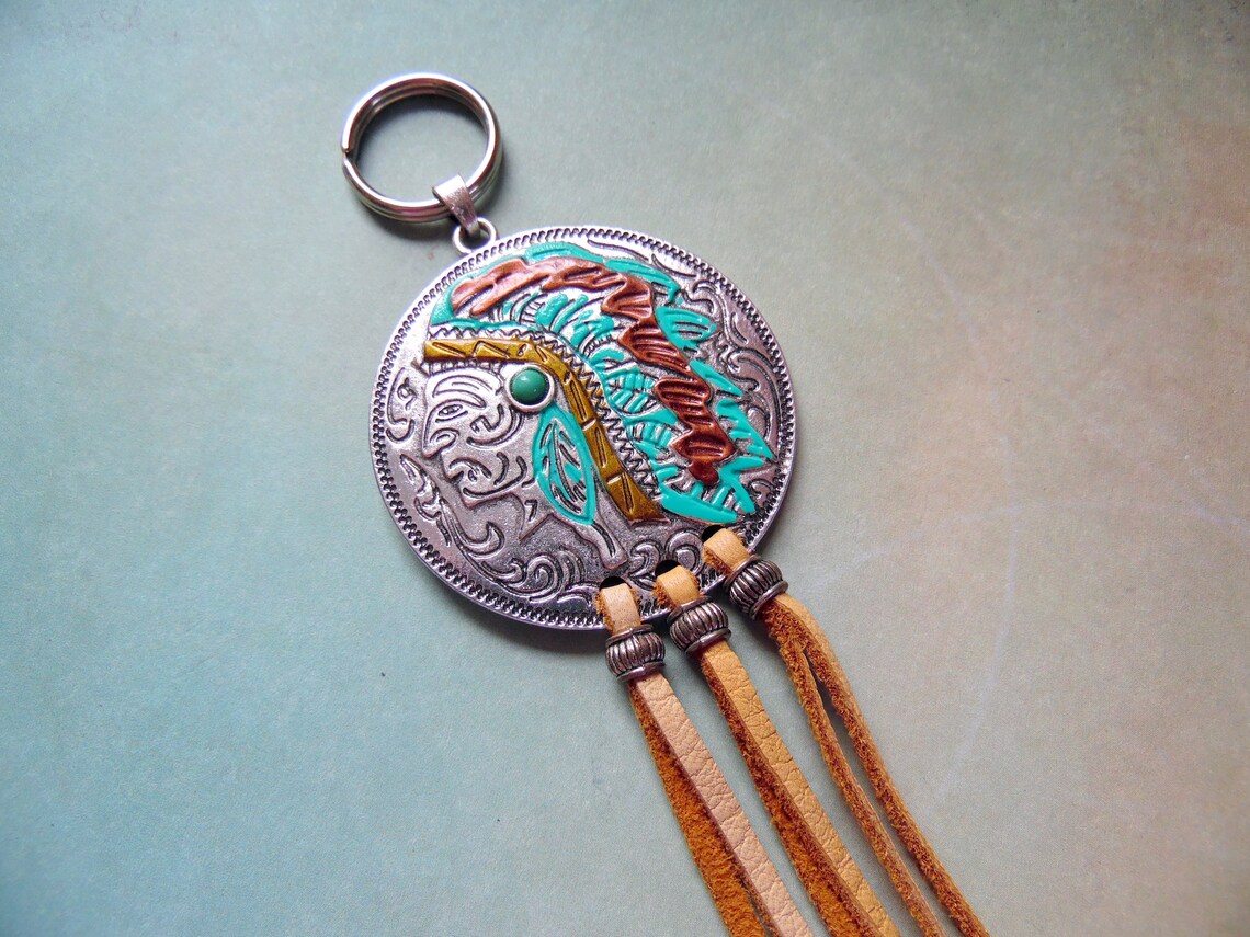 Handpainted Indian Head Keychain Leather Tassel Purse Charm Etsy