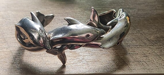 Sterling Silver Solid Heavy Dolphins Cuff Bracelet - image 7