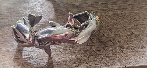 Sterling Silver Solid Heavy Dolphins Cuff Bracelet - image 2