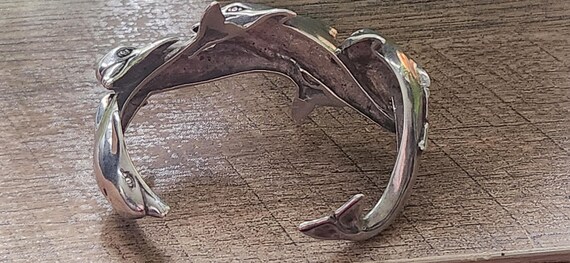 Sterling Silver Solid Heavy Dolphins Cuff Bracelet - image 3