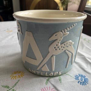 May include: A light blue ceramic planter with a cream-colored rim. The planter features a white antelope design and the word "ANTELOPE" in white lettering. The planter is sitting on a floral tablecloth.