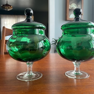 FREE SHIPPING! Pair of Vintage 1960s Empoli Italian Mid-Century Modern Emerald Green Circus Tent Candy / BonBon / Apothecary Jars with Lids