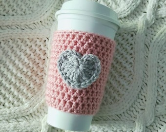 Reusable Cup Sleeve -  Hot or Cold Brew To-Go Cup Cover -  Gift for Her - Coffee or Tea Gift - Rose Pink and Light Grey