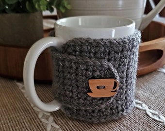 Grey Tea Cozy with Cup Button -Coffee or Tea Themed Gift