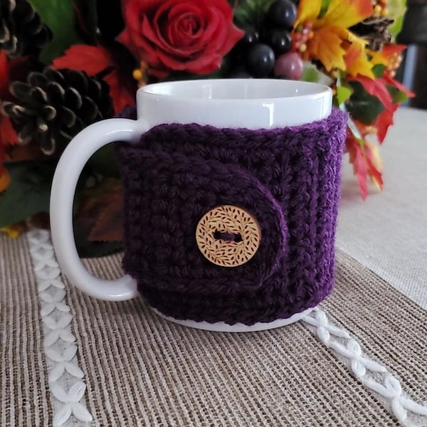 Purple Mug Cozy Sleeve - Mug Sweater with Leaves Button- Winter Holiday Gift