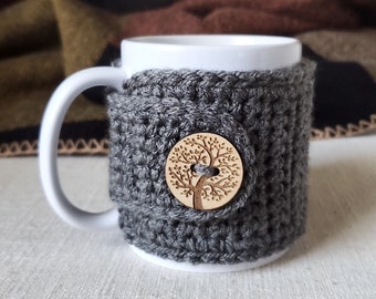 Grey Tea Cozy with Tree of Life Button | Nature Themed Mug Cozy | Teacher Appreciation Gift