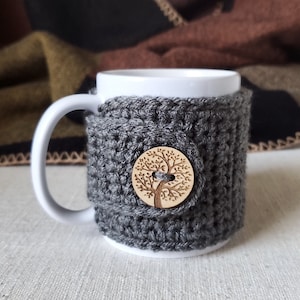 Grey Tea Cozy with Tree of Life Button | Nature Themed Mug Cozy | Teacher Appreciation Gift