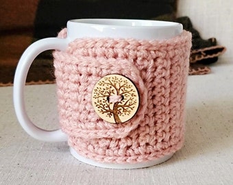Rose Pink Tea Cozy with Tree of Life Button | Fall Mug Cozy | Mug Sweater | Holiday Mug Warmer
