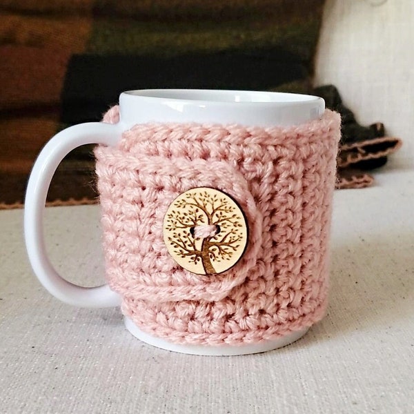 Rose Pink Tea Cozy with Tree of Life Button | Fall Mug Cozy | Mug Sweater | Holiday Mug Warmer