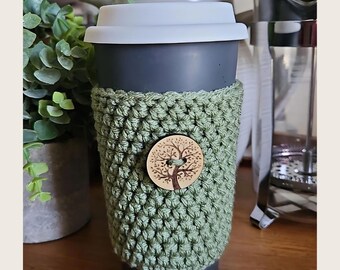 Reusable Cozy Cover, Wrap for Coffee or Tea Cup, Teacher Gift, Sage Cozy, Tree of Life, Nature Lovers Gift