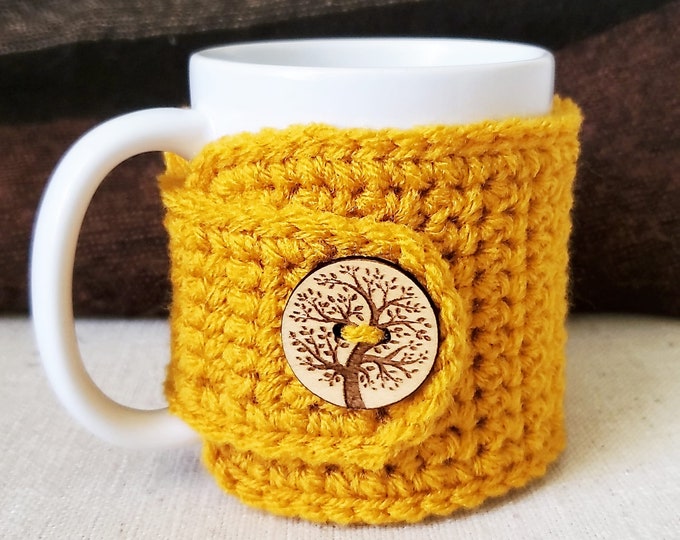 Teacher Appreciation Gift | Gold Tea Cozy | Tree of Life Button | Nature Themed Mug Cozy | Mug Hugger | Mug Warmer