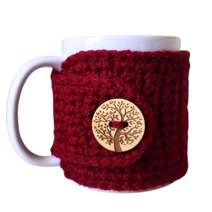 Burgundy Tea Cozy with Tree of Life Button | Fall Mug Cozy | Mug Sweater | Fall Coffee Cozy