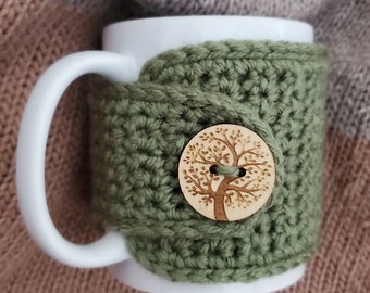 Sage Tea Cozy with Tree of Life Button | Fall Mug Cozy | Mug Sweater | Spring Mug Warmer