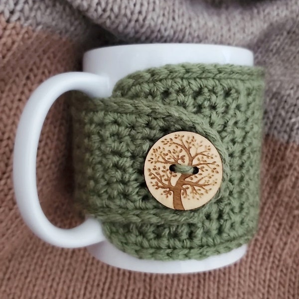 Sage Tea Cozy with Tree of Life Button | Fall Mug Cozy | Mug Sweater | Spring Mug Warmer