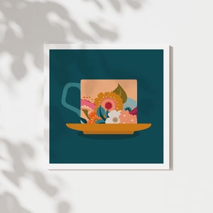Little Navy Cup and Saucer Note Card & Envelope Framable Card 4x4 High Quality Print Retro Art Print Gift image 3