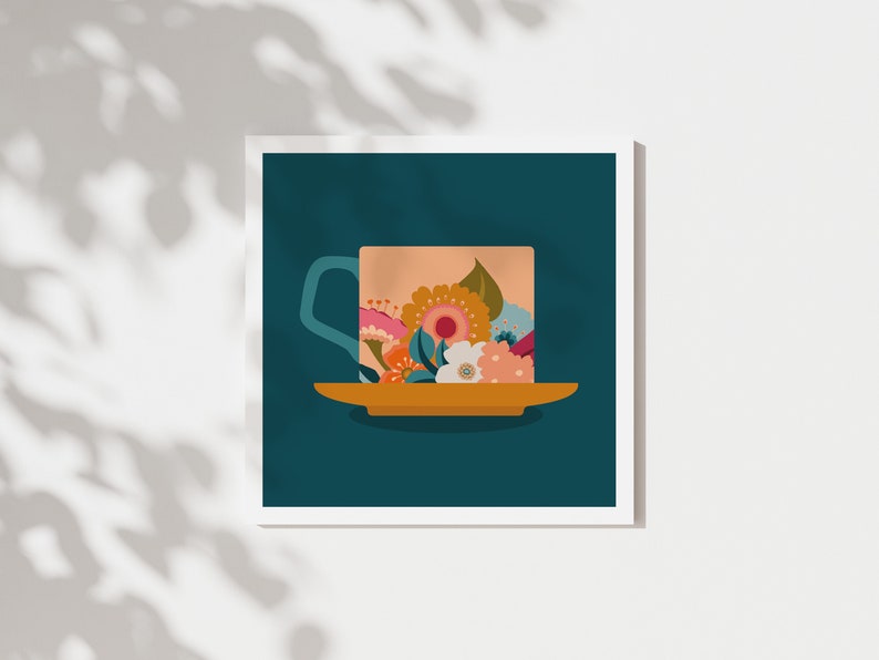 Little Navy Cup and Saucer Note Card & Envelope Framable Card 4x4 High Quality Print Retro Art Print Gift image 3