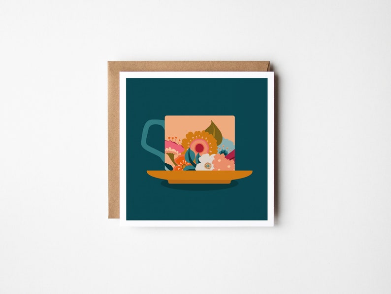 Little Navy Cup and Saucer Note Card & Envelope Framable Card 4x4 High Quality Print Retro Art Print Gift image 1