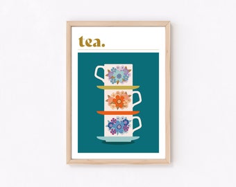 Teal Tea drinkers Mid Century Teacup Stack | Giclée Art Print | Vintage Flower Wall Art | Kitchen Print | A6 Mini print, A5, A4 & A3 sizes.