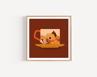 1970s Tea Cup | Retro Kitchen Art | Orange & Brown | Gallery Wall | Original Illustration | Mini Giclée Print | 4"x 4" | 5 x 5" | Boho