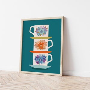 Teal Tea drinkers Mid Century Teacup Stack | Giclée Art Print | Vintage Flower Wall Art | Kitchen Print | A6 Mini print, A5 & A4 sizes.