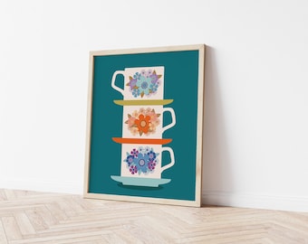 Teal Tea drinkers Mid Century Teacup Stack | Giclée Art Print | Vintage Flower Wall Art | Kitchen Print | A6 Mini print, A5 & A4 sizes.